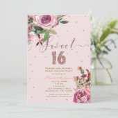 SWEET 16 Blush Roze Rose Goud Bloemen Modern Party Kaart (Staand voorkant)