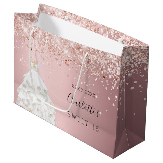 Sweet 16 blush roze rose gouden jurk groot cadeauzakje (Voorkant Gekanteld)