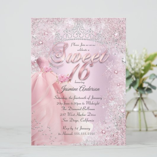 Sweet 16 blush roze winter wonderland tiara kaart (Staand voorkant)