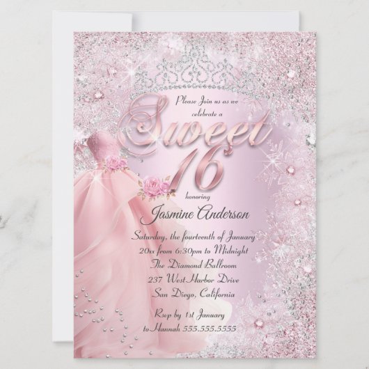 Sweet 16 blush roze winter wonderland tiara kaart (Voorkant)