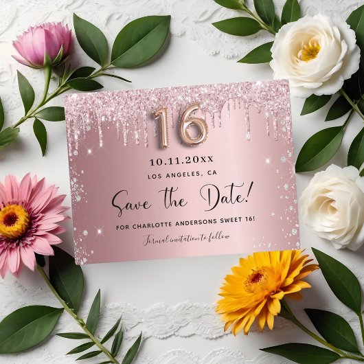 Sweet 16 blush roze zilver save the date aankondigingskaart