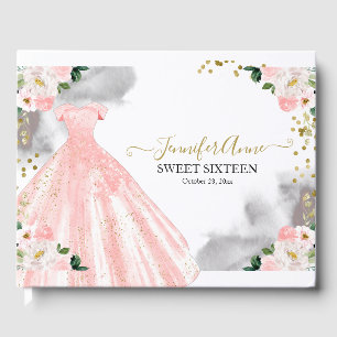 Sweet 16 Blush Waterverf Flowers Pink Dress Gastenboek