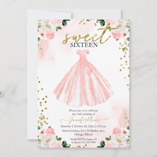 Sweet 16 Blush Waterverf Flowers Pink Dress Kaart (Voorkant)