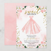 Sweet 16 Blush Waterverf Flowers Pink Dress Kaart (Voorkant / Achterkant)