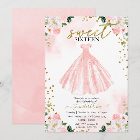 Sweet 16 Blush Waterverf Flowers Pink Dress Kaart (Voorkant / Achterkant)