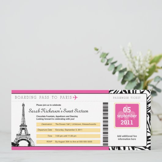 Sweet 16 Boarding Pass naar Parijs Kaart (Staand voorkant)