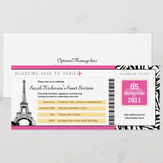 Sweet 16 Boarding Pass naar Parijs Kaart (Voorkant / Achterkant)