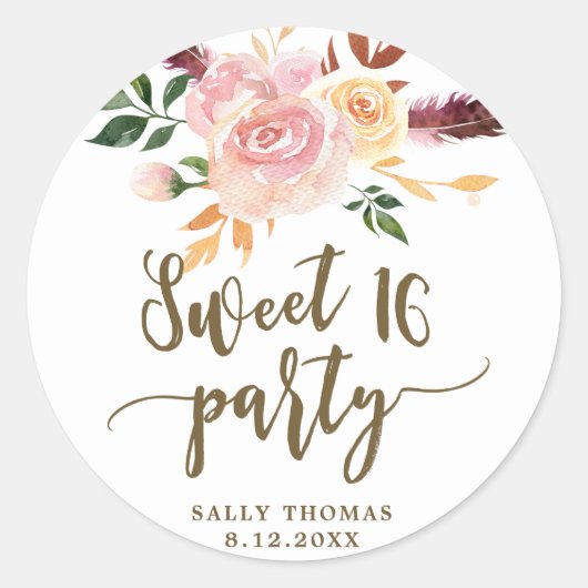 Sweet 16 Boho bloemenroze gunst sticker (Voorkant)
