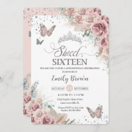 Sweet 16 Boho Blush Dusty Roos Floral Pampas Grass Kaart