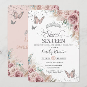Sweet 16 Boho Blush Dusty Roos Floral Pampas Grass Kaart