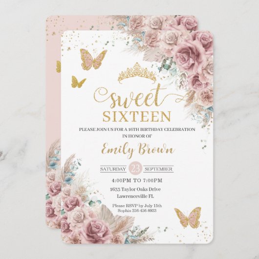 Sweet 16 Boho Blush Dusty Roos Floral Pampas Grass Kaart (Voorkant / Achterkant)