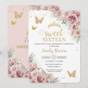 Sweet 16 Boho Blush Dusty Roos Floral Pampas Grass Kaart