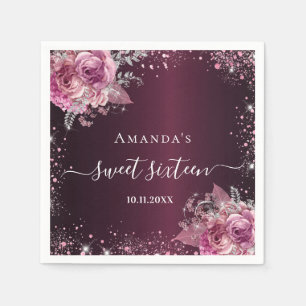 Sweet 16 bordeaux roze bloemen naam script servet