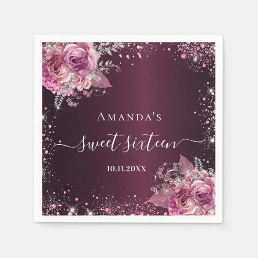 Sweet 16 bordeaux roze bloemen naam script servet (Voorkant)
