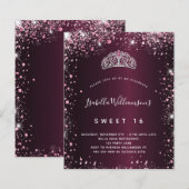 Sweet 16 bordeaux roze glitter tiara uitnodiging (Voorkant / Achterkant)