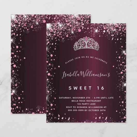 Sweet 16 bordeaux roze glitter tiara uitnodiging (Voorkant / Achterkant)