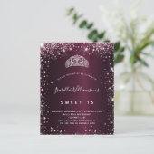 Sweet 16 bordeaux roze glitter tiara uitnodiging (Staand voorkant)