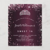 Sweet 16 bordeaux roze glitter tiara uitnodiging (Voorkant)