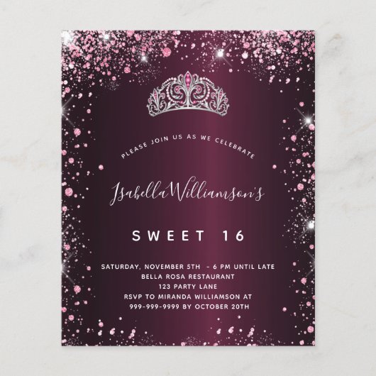 Sweet 16 bordeaux roze glitter tiara uitnodiging (Voorkant)
