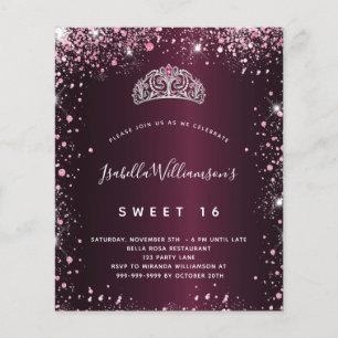 Sweet 16 bordeaux roze glitter tiara uitnodiging