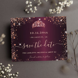 Sweet 16 bordeauxrood roos gold save the date card