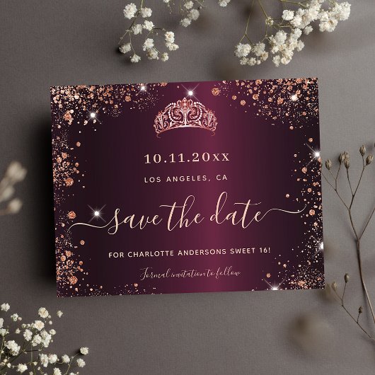 Sweet 16 bordeauxrood roos gold save the date card