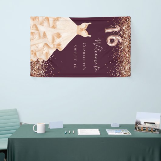 Sweet 16 bordeauxrood roos gouden jurk spandoek (Beurs)