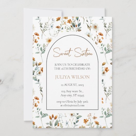 Sweet 16 botanische wilde bloem elegant kaart (Voorkant)