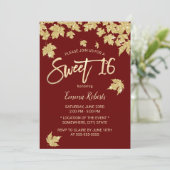 Sweet 16 Bourgogne Red Modern Gold Leaves Kaart (Staand voorkant)