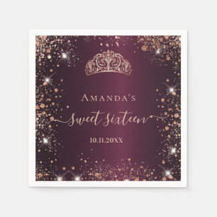 Sweet 16 Bourgogne roos Gold glitter tiara name Servet