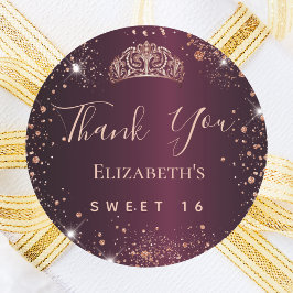 Sweet 16 Bourgogne roos Gold tiara bedankt Ronde Sticker