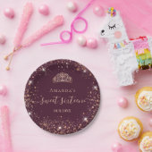 Sweet 16 Bourgogne roos Gold tiara name script Papieren Bordje (Feest)