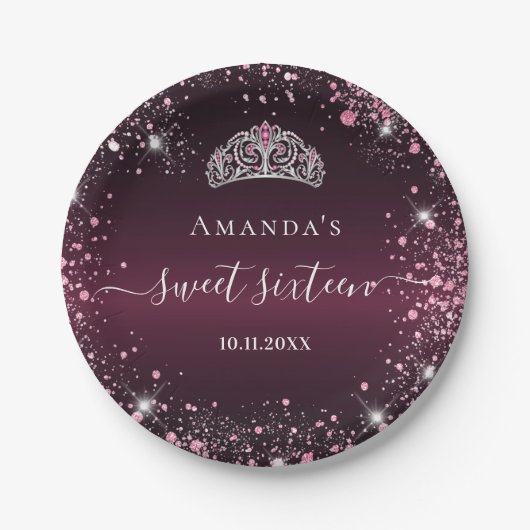 Sweet 16 Bourgogne roze tiara-naamscript Papieren Bordje (Voorkant)