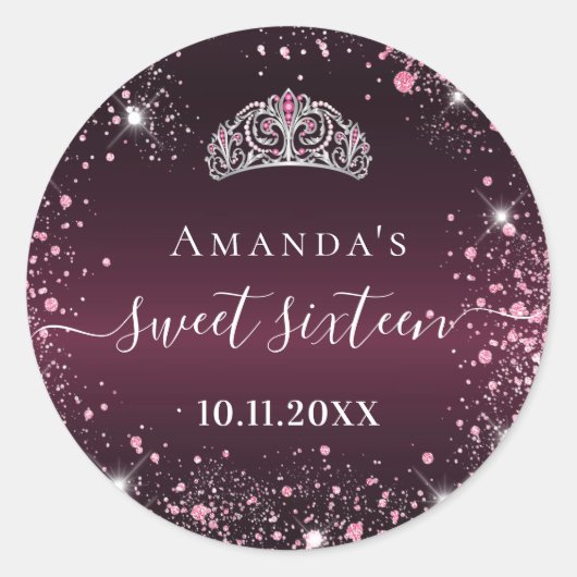 Sweet 16 Bourgogne roze tiara-naamscript Ronde Sticker (Voorkant)