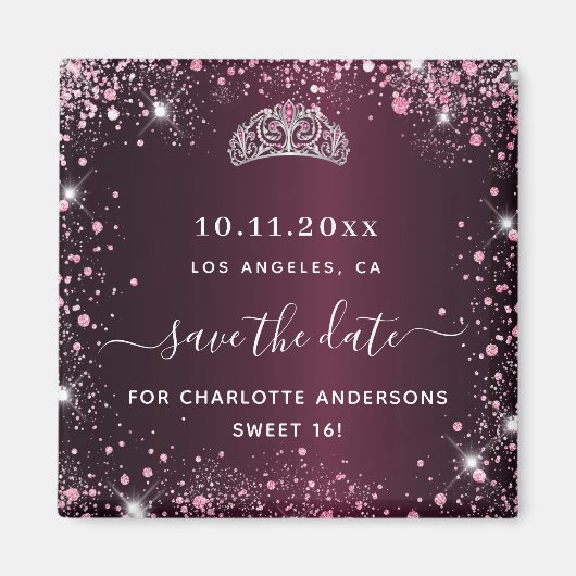 Sweet 16 Bourgogne roze tiara redt de datum Magneet (Voorkant)