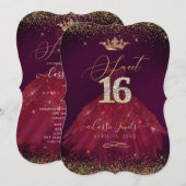 Sweet 16 Bourgondië Gouden Confetti+Prinses Kroon Kaart (Voorkant / Achterkant)