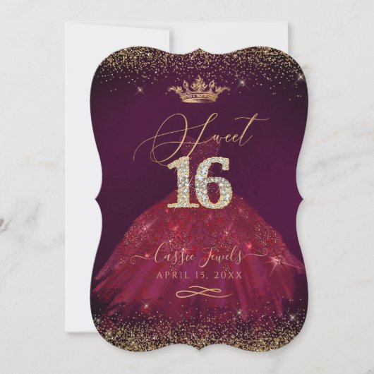 Sweet 16 Bourgondië Gouden Confetti+Prinses Kroon Kaart (Voorkant)