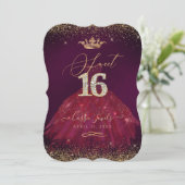 Sweet 16 Bourgondië Gouden Confetti+Prinses Kroon Kaart (Staand voorkant)