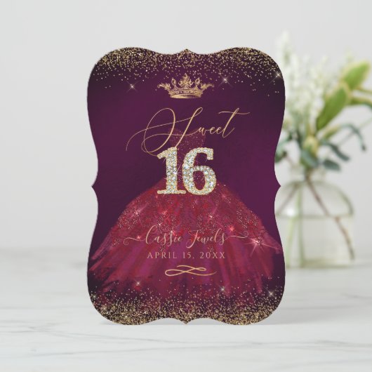 Sweet 16 Bourgondië Gouden Confetti+Prinses Kroon Kaart (Staand voorkant)