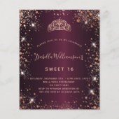 Sweet 16 Bourgondië roos gouden tiara uitnodiging (Voorkant)