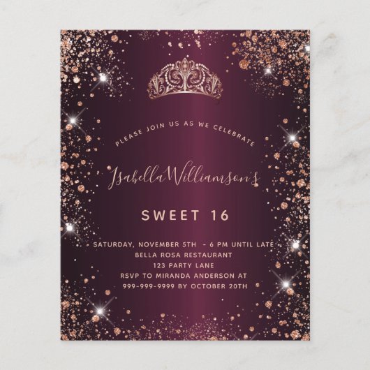 Sweet 16 Bourgondië roos gouden tiara uitnodiging (Voorkant)