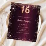 Sweet 16 Bourgondië roos gouden uitnodiging<br><div class="desc">Voor een elegante Sweet 16,  16e verjaardag. Een bordeauxkleurige gradiënt achtergrondkleur. Versierd met roos gouden faux sparkles. Personaliseer en voeg een naam en partijgegevens toe. De naam is geschreven met een handgeschreven script. 1 vel = 1 uitnodiging bedrukt rand tot rand.</div>
