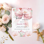 Sweet 16 bow pink watercolor florals kaart<br><div class="desc">An elegant white background,  decorated with a large pink bow and pink watercolored flowers. Personalize and add a name and party details.

Back: soft pink background.</div>