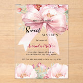 Sweet 16 bow pink waterverf bloemen clear acryl uitnodigingen (Voorkant)
