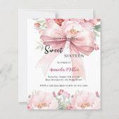 Sweet 16 bow roze waterverf bloemen uitnodiging (Voorkant)