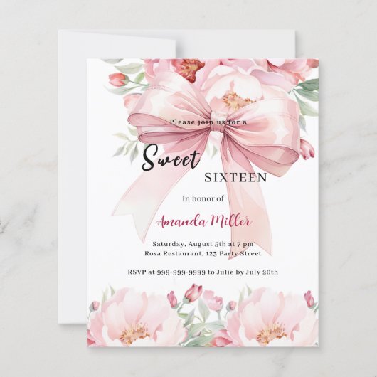 Sweet 16 bow roze waterverf bloemen uitnodiging (Voorkant)
