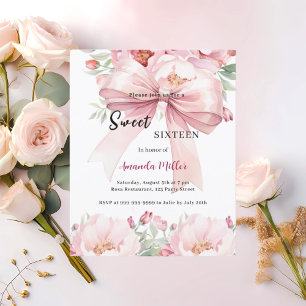 Sweet 16 bow roze waterverf bloemen uitnodiging