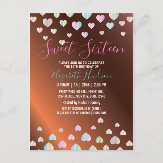 Sweet 16 Bronze Invitation with Colorful Speckles Aankondigingskaart (Voorkant)