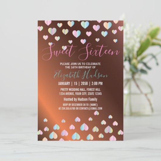 Sweet 16 Bronze Invitation with Colrful Speckles Aankondiging (Staand voorkant)
