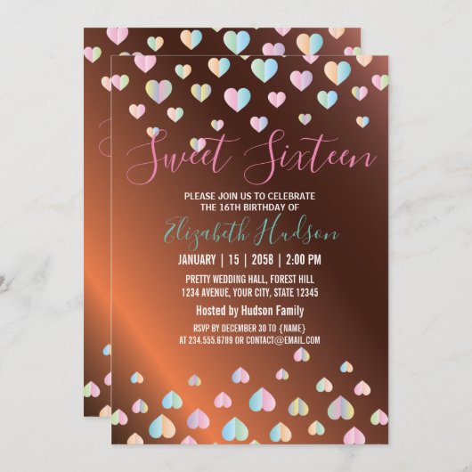 Sweet 16 Bronze Invitation with Colrful Speckles Aankondiging (Voorkant / Achterkant)